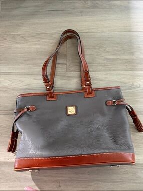 Dooney & Bourke Gray Leather Tote with Brown Trim and Tassels &matching wallet